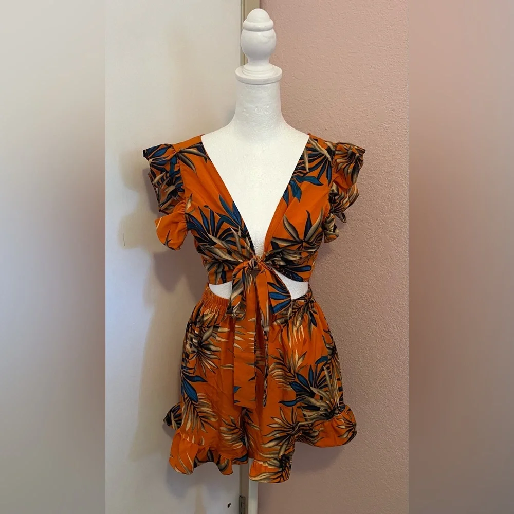 Tropical Print Tie Front Ruffle Trim Top and Shorts Co-ord Set